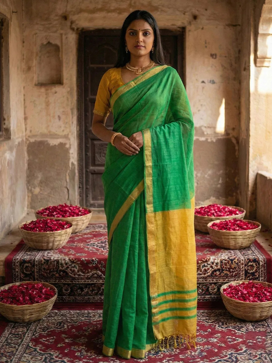 Woman in a green and yellow saree standing in a room with baskets of red flowers.