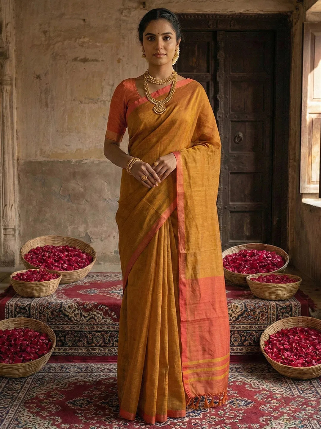 Woman in a traditional yellow saree with red blouse standing in a rustic setting with baskets of flowers.