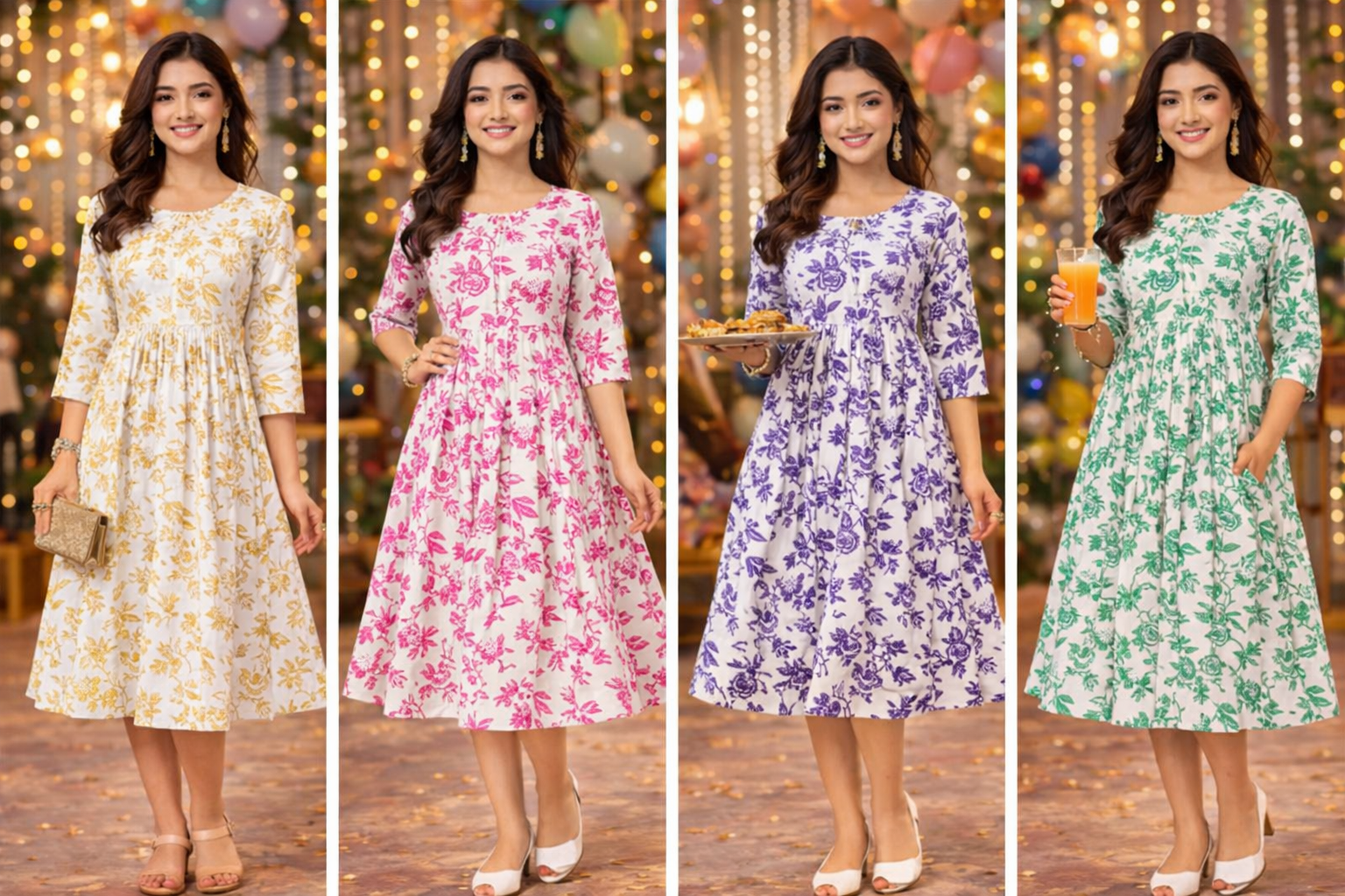Five women wearing floral dresses in different colors with a festive background.