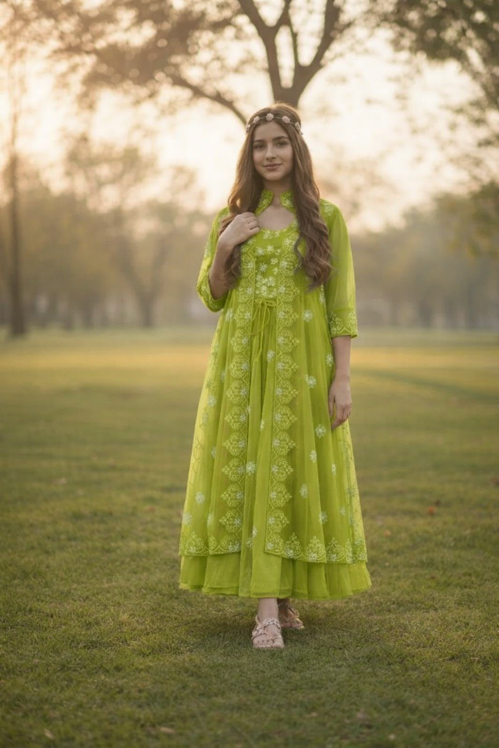 Woman in a green dress standing in a park