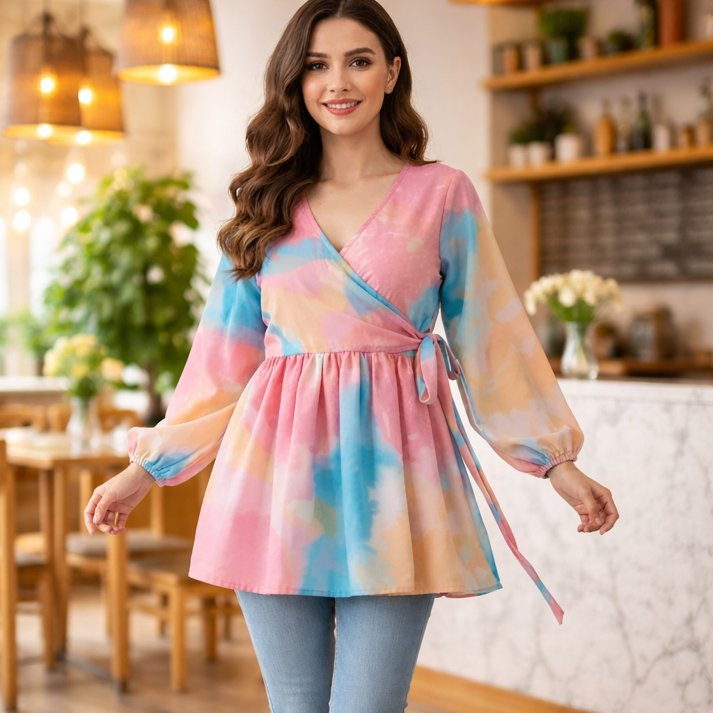 Woman wearing a colorful tie-dye dress in a kitchen setting