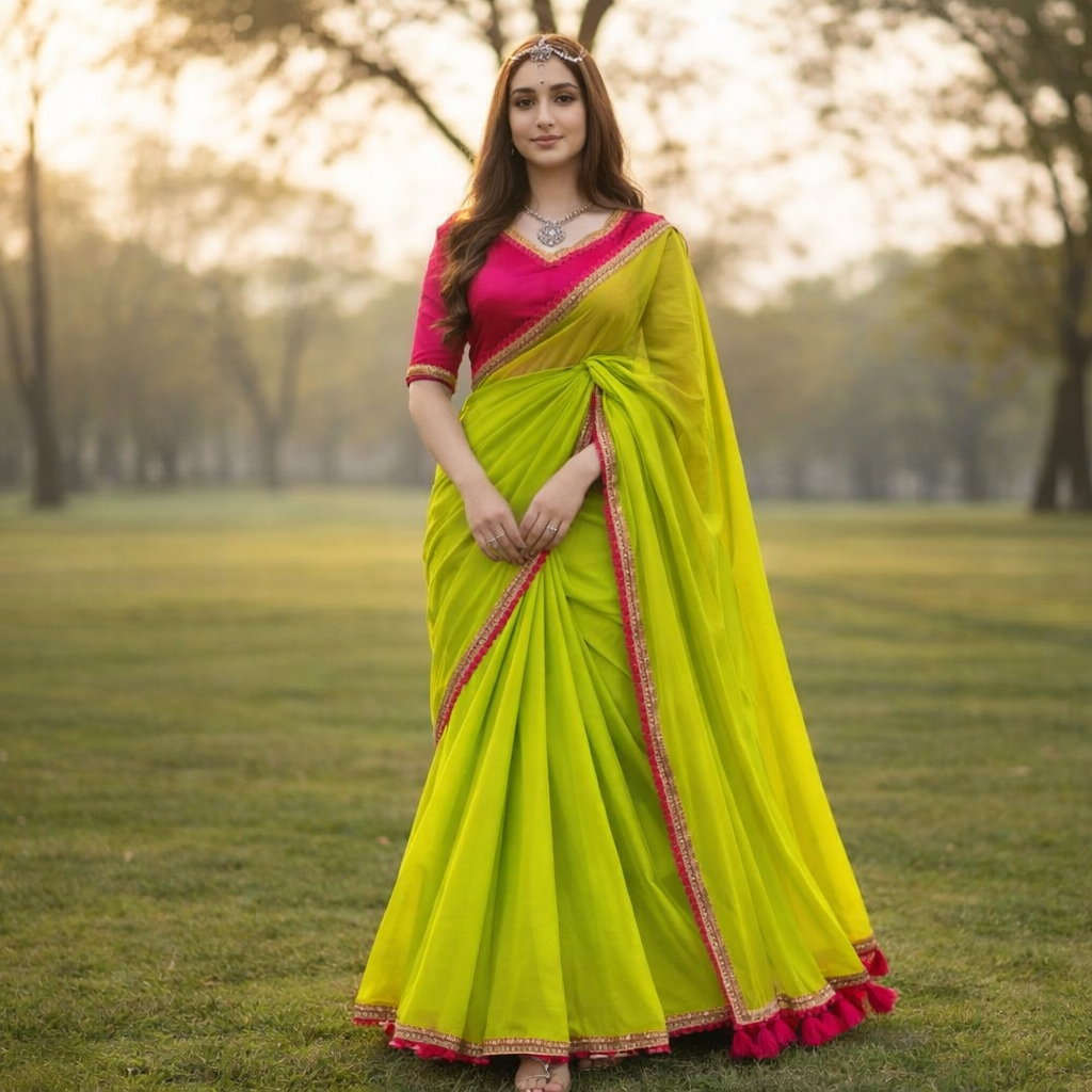 Woman in a bright green saree with pink blouse standing in a park.