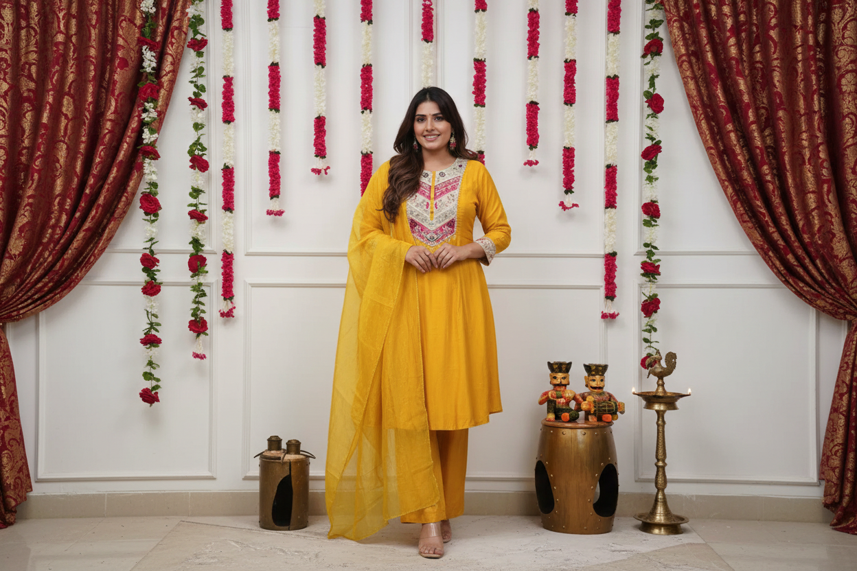 Women's Festive Embroidered Chanderi Kurta Set